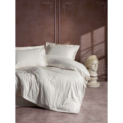 Parure de lit - 1 housse de couette 140 x 200cm + 1 taies d'oreiller 60 x 60 cm - Satin - Imprimé rayures Ecru