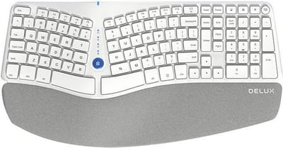 Delux GM901D Draadloos Ergonomisch Gesplitst toetsenbord - Bluetooth 4.0 + 2.4ghz - kunstlederen polssteun - QWERTY/US - Wit