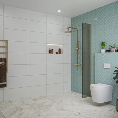 FugaFlow Eccelente Vetro inloopdouche badkamer - 30x200cm - rookglas - wandarm - geborsteld messing