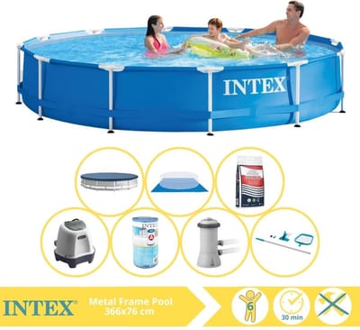 Intex Rond Frame Zwembad - 366 x 76 cm - Blauw - Inclusief Afdekzeil - Zwembadfilterpomp - Filter - Grondzeil - Schoonmaakset - Zoutwatersysteem - Zwembadzout - 8-delig
