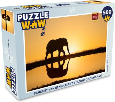 Puzzel Silhouet van een olifant bij zonsondergang - Legpuzzel - Puzzel 500 stukjes