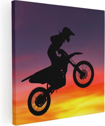 Artaza Canvas Schilderij Motorcross - 30x30 cm - Klein - Muurdecoratie Zon - Wanddecoratie Silhouet - Kamer Accessoires