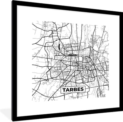 Fotolijst incl. Poster Zwart Wit- Kaart - Tarbes - Frankrijk - Stadskaart - Plattegrond - Zwart wit - 40x40 cm - Posterlijst