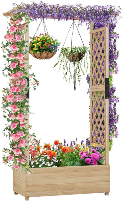 Plantenbak met klimrek - Bloembak - Weerbestendig - Met trellis - Buiten - Hout - Plantenrek - Rechthoekig - Natuurlijk Hout