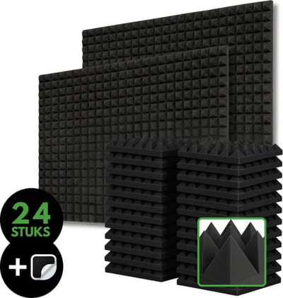 SoluHome® Akoestische Panelen - 24 Stuks - Inclusief Dubbelzijdige Stickers - 2,16 m² Oppervlakte - Zwart - 30x30x5cm - Geluidsisolatie - Pyramide Patroon - Akoestisch Wandpaneel - Wanddecoractie - Zelfklevend