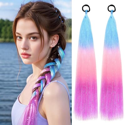 Pruik-pruiken dames-pruiken-2 stuks18 inch lichtblauw naar roze naar paars haarextensies - voor vlechten Ombre kleur paardenstaart haarextensies - voor vlechten met haarbanden Carnival Crazy haarextensies - blauw roze paars - 60 cm