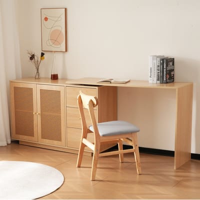 REDOM - Hoekbureau - 360 Graden Draaibaar Met Opbergkasten En Rotanlook Deuren - Voor Werkkamer - MDF - Naturel Hout