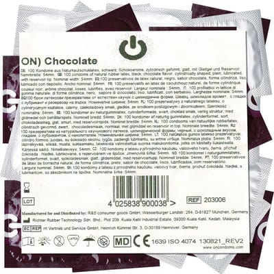 ON) Chocolate Condooms, schwarz & met chocoladegeur, dunne 0 07 mm wanddikte, 54 mm breedte, 100 stuks