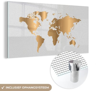 ® Glasschilderij 120x60 cm - Schilderij acrylglas - Wereldkaart - Goud - Golf - Foto op glas - Muurdecoratie woonkamer - Wanddecoratie slaapkamer - Schilderijen