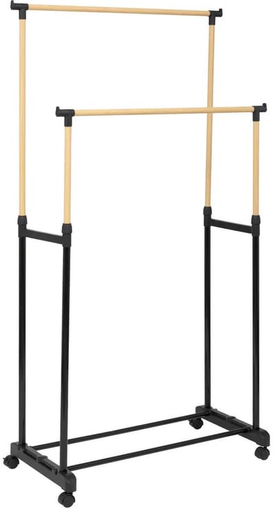 5Five Kledingrek met dubbele stang - kunststof/metaal - zwart/naturel - 86 x 42 x 165 cm - op zwenkwielen - uitschuifbaar omhoog