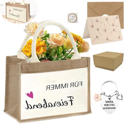 Complete set pensioencadeau voor dames met jute tas, sleutelhanger en bedankkaart voor moeders en collega's