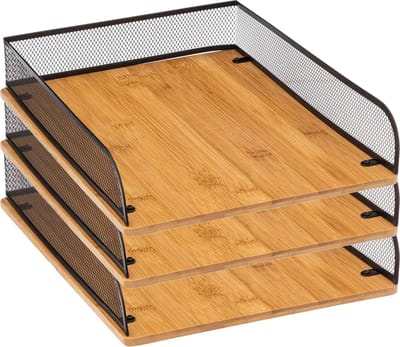 5Five kantoor brievenbak/postbakje A4 formaat - 3x - zwart mesh - bamboe
