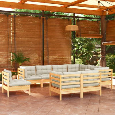 vidaXL - 9-delige - Loungeset - met - crèmekleurige - kussens - grenenhout