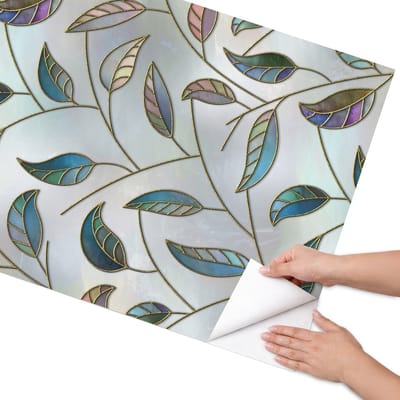 Coloray Meubel Wrap Folie - Blauw Meubelfolie - 75x150 cm - Decoratiefolie Zelfklevend Gebrandschilderde bladeren - Meubelfolie Zelfklevend - Artistiek Meubelfolie - Wrapfolie Keuken - Wanddecoratie - Bloemen en planten