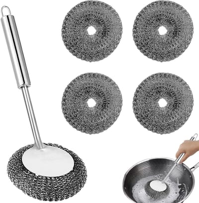 Set van 5 stalen sponsen met handvat voor het reinigen van pannen, kookgerei en keukengerei