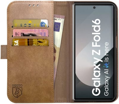 Rosso Deluxe Echt Leer Hoesje Geschikt voor Samsung Galaxy Z Fold 6 | Ruimte voor drie pasjes | Portemonnee Book Case | Met Pasjeshouder | Bruin