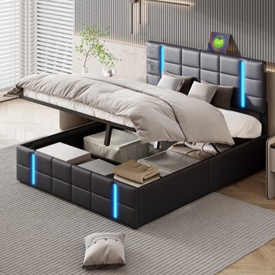 LED Opbergbed 140x200 Zwart – PU Bed met Lift Opbergruimte