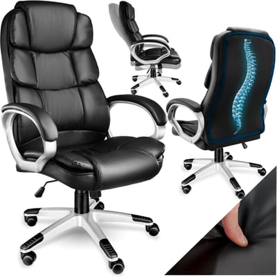 tectake® Directiestoel - Ergonomische bureaustoel met 12 cm vulling - In hoogte verstelbaar - Zithoogte 47 - 55cm - Draagkracht 120 kg - Draaistoel met armleuningen en wipfunctie - Pc-stoel met lederlook en wielen - Zwart