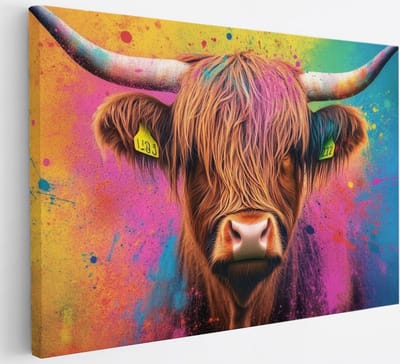 Saammp - Canvas Schilderij - Schotse Hooglander Koe - Abstract - Kleurrijk - Dieren - Natuur - 30x20 - Foto op canvas - Wanddecoratie - muurdecoratie Woonkamer - Slaapkamer decoratie - Canvas Print