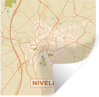 Muurstickers - Sticker Folie - Kaart - Retro - Stadskaart - Plattegrond - Nijvel - 100x100 cm - Plakfolie - Muurstickers Kinderkamer - Zelfklevend Behang XXL - Zelfklevend behangpapier - Stickerfolie