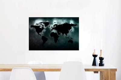 Aluminium schilderij 90x60 cm - Wanddecoratie metaal - Wereldkaart - Zwart - Wit - Metalen muurdecoratie woonkamer - Decoratie industrieel - Foto op dibond - Industriële accessoires slaapkamer
