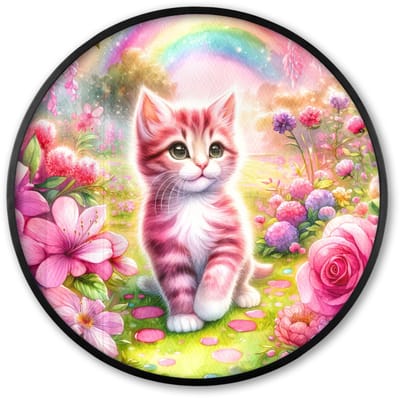 Poster in lijst Rond - Fotolijst 60x60 cm - Posters - Kitten - Roze - Kat - Regenboog - Bloemen - Ronde posterlijst zwart - Decoratie - Wanddecoratie woonkamer - Muurdecoratie slaapkamer