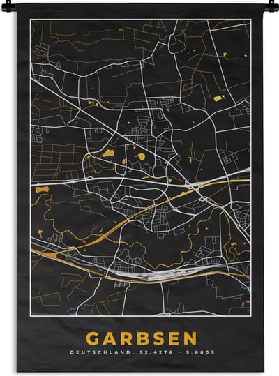 Wandkleed - Wanddoek - Garbsen - Goud - Plattegrond - Duitsland - Stadskaart - Kaart - 120x180 cm - Wandtapijt
