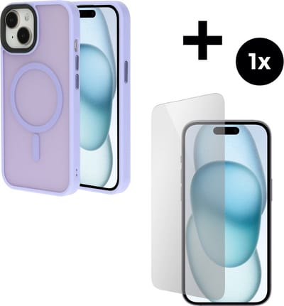 Mobiparts Hardcover MagSafe hoesje geschikt voor Apple iPhone 15 - MagSafe - met 1 Screenprotector van Gehard Glas - Roze/Purple