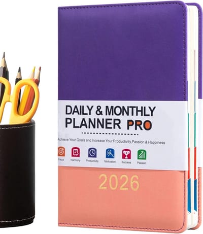 Agenda 2026 - Planner Notitieboek - Tijd Beheer - Leren Kaft - A5 - Roze Paars