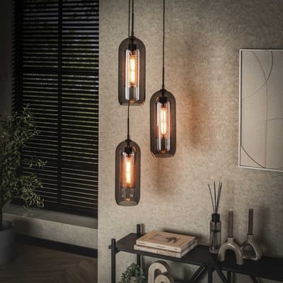 PS-Collection Getrapt Smoke Glas 3L Hanglamp - 35x35x180cm - Zwart - Metaal - hanglampen eetkamer, hanglamp zwart, hanglampen woonkamer, hanglamp slaapkamer, hanglamp kinderkamer, hanglamp rotan, hanglamp hout, hanglamp industrieel