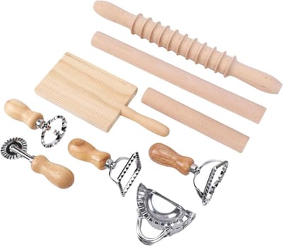 Pastamaker Gereedschapset - Noodle Maker Set - Zelfgemaakte Pasta Maken - Roestvrij Staal Beukenhout - 9 Delig - Natuurlijk