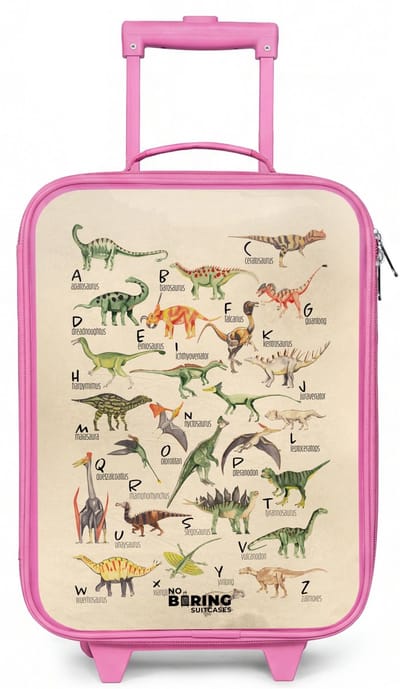 NoBoringSuitcases.com® - Kinderkoffer roze - Kindertrolley meisje - Dino alfabet - Koffer kind lichtgewicht - Reiskoffer trolley voor kinderen - Koffertje met lichtgevende wieltjes - Rolkoffer