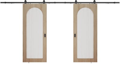 Vente-unique Dubbele schuifdeur met opbouwsysteem in hout en MDF - boog van geribbeld gehard glas - 2 x H205 x B83 cm - ODEZA