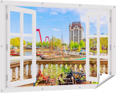 Gards Tuinposter Doorkijk Kleurrijke Oude Haven in Rotterdam - 150x100 cm - Tuindoek - Tuindecoratie - Wanddecoratie buiten - Tuinschilderij