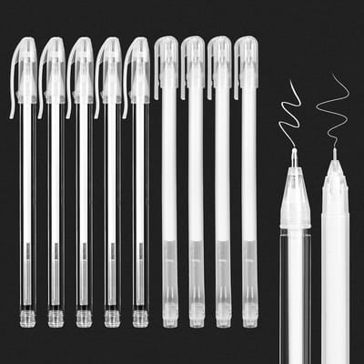 Set van 9 witte gelstiften, fineliner-set, bandenstift, wit, waterbestendig, 0,8 mm, 0,6 mm lijndikte, waterdichte witte stiften om te schilderen, kunstdesign, schetsen