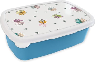 Broodtrommel Blauw - Lunchbox - Brooddoos - Bloemen - Regenboog - Flora - Pastel - Patronen - 18x12x6 cm - Kinderen - Jongen