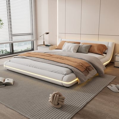 Wishdor Golvend Platformbed 160x200 cm - Smart LED met App - Wit PU Leer - Laag Vloerbed - 236,5x179x60,5 cm