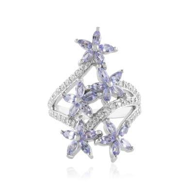 Cavill - 925 Sterling Zilver Ring - 2,6 Karaat Marquise Tanzaniet & Pavé Zirkonia - Platina Afwerking - Elegante Bloemvormige Damesring