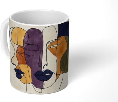 Mok - Koffiemok - Abstract - Overlappende gezichten - Paars - Donkergroen - Mokken - 350 ML - Beker - Koffiemokken - Theemok