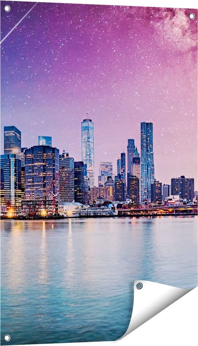 Gards Tuinposter New York Skyline met een Kleurrijke Hemel - 60x90 cm - Tuindoek - Tuindecoratie - Wanddecoratie buiten - Tuinschilderij