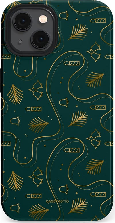 Casetastic hoesje geschikt voor Apple iPhone 13 - MagSafe - Dubbellaagse bescherming - Groene kerst bellen en takken - Fashion Case - Donkergroen Donkergrijs Petrol
