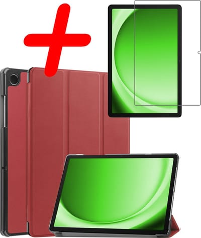 Hoesje Geschikt voor Samsung Galaxy Tab A11 / A9 - Met Screenprotector - Trifold Bookcase - Hard Cover - Hardcover Book Case - Tablet Hoes - Donkerrood