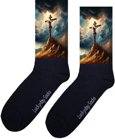LuckyDay Socks - Jezus - Verjaardag cadeau - Kerst sokken - Geloof - God - Bid - Beterschap - Leuke sokken voor heren en dames - Cadeau voor hem en haar - Kerstcadeau - Jezus aan het kruis - Hoop - Paas cadeau - Pasen - Socks maken Happy - Maat 37-44