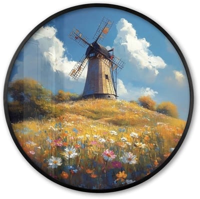 Poster in lijst Rond - Fotolijst 60x60 cm - Posters - Windmolen - Heuvel - Bloemen - Kleurrijk - Ronde posterlijst zwart - Decoratie - Wanddecoratie woonkamer - Muurdecoratie slaapkamer