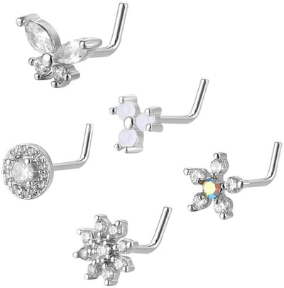 ZEYNOMAX- Neusring Set van 5 - L-vormige Neusstuds - Hypoallergeen Roestvrij Staal - Zirkonia Steentjes - Elegante Ontwerpen - Comfortabel en Duurzaam