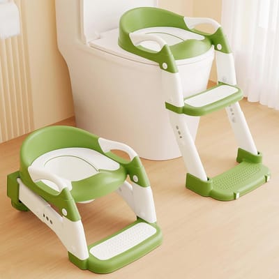 2-in-1 Kinder Wc-bril met Trapjes – Hoogte Instelbaar en Vouwbaar – Anti-slip met PU Cushion – Afneembare Pot – Geschikt voor O, U, V en Smart Toilets – Toilettrainen 1-6 Jaar – Groen