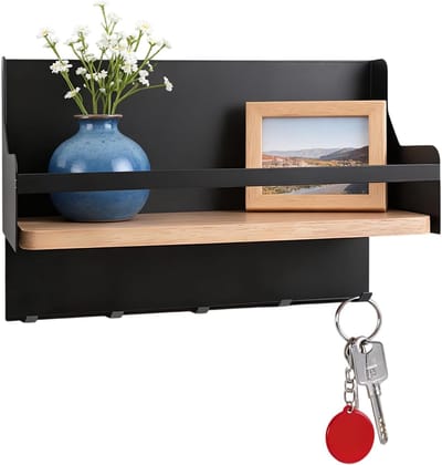 Sleutelhanger met Plank, Zwart, Wandrek met 5 Haakjes voor Sleutels, Ideaal voor Hal, Keuken en Kantoor, Inclusief Bevestigingsmateriaal