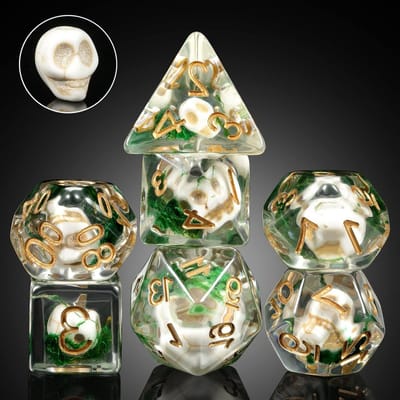 Schedel Dobbelstenen Set - RPG Dobbelstenen - Rollenspellen Spelen - Handgemaakt Hars Ontwerp - 7 Stuks 16mm - Transparant met Goud