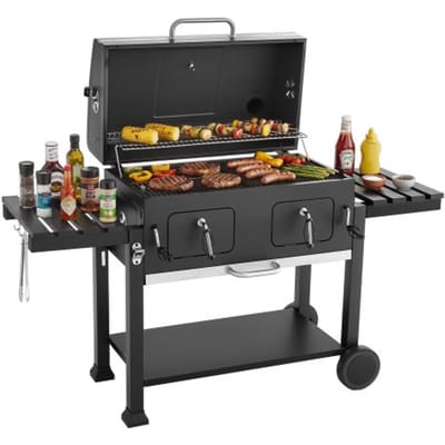 VEVOR Houtskoolgrill 0,50 M² Houtskoolgrillwagen Met 2 Opklapbare Houtskoolbakken en Inklapbare Bijzettafels, Hittebestendige, Gepoedercoate Stalen Grill voor Terras- en Tuinfeesten