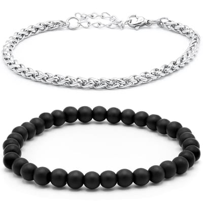 Victorious Set Natuurstenen Kralen/Stalen Armbanden Heren – RVS Roestvrij Staal – Zwart/Zilver – 17.5cm